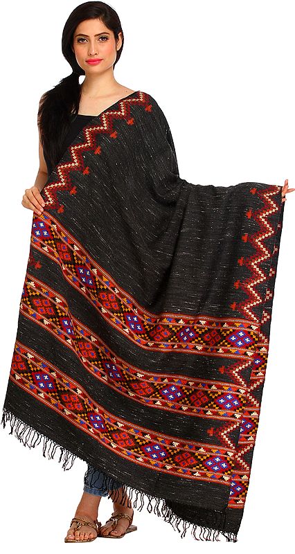 Raven-Black Shawl from Kullu with Thread Weave and Kinnauri Woven Triple Border
