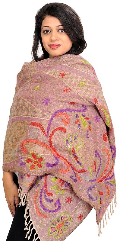 Elderberry Jamawar Stole with Woven Paisleys and Wool-Embroidery