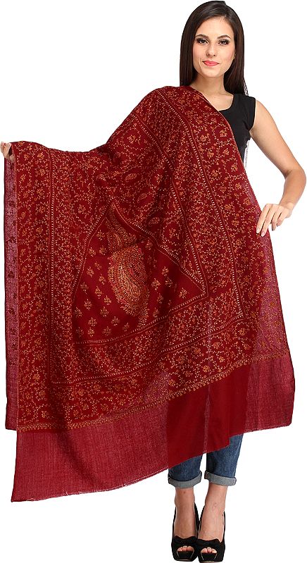Maroon Tusha Shawl from Kashmir with Sozni Hand-Embroidery All-Over