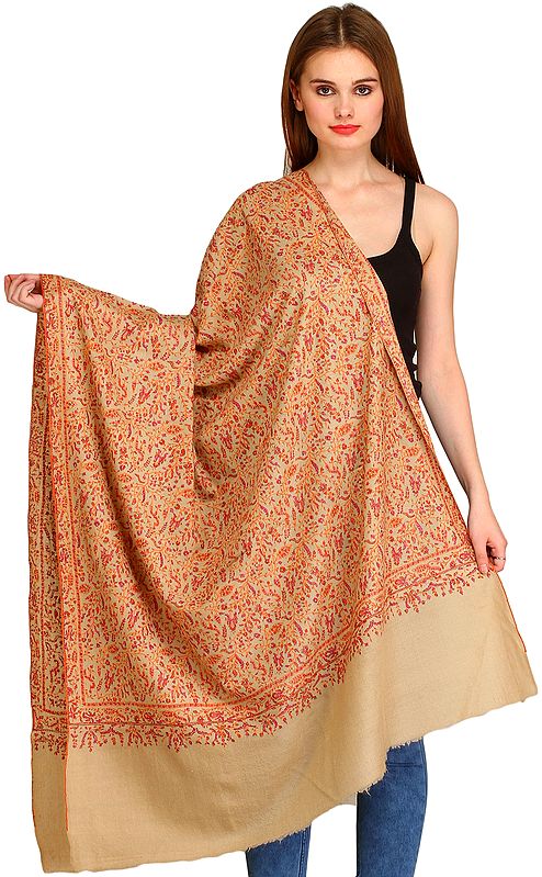 Crème-Brulee Kashmiri Pure Pashmina Shawl with All-Over Sozni Embroidery by Hand