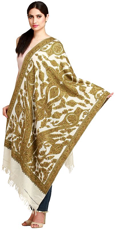 Ivory and Olive Kashmiri Stole with Aari Hand-Embroidered Paisleys