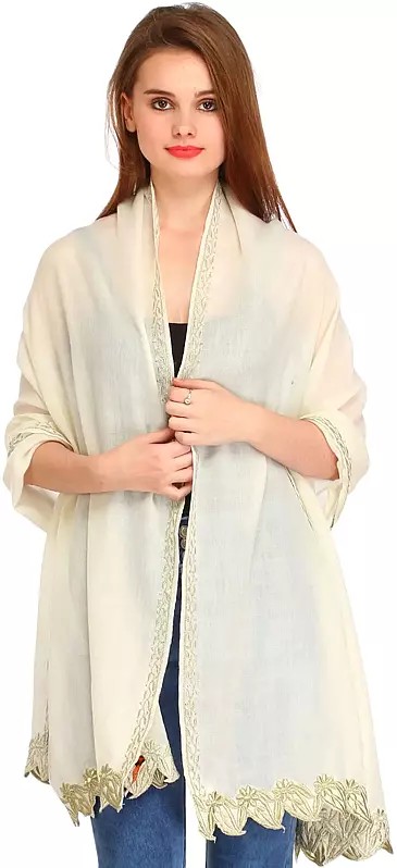 Plain Stole from Amritsar with Zari Thread-Embroidery and Jagged Border