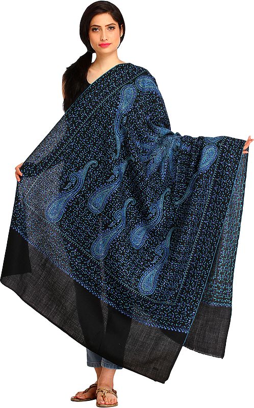Kashmiri Tusha Shawl with Needle Hand-Embroidered Paisleys and Giant Mandala