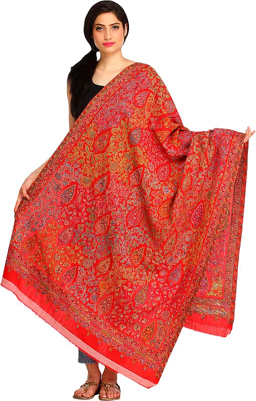 Rococco-Red Kani Shawl with Woven Flowers and Kalamkari Needle Hand-Embroidery