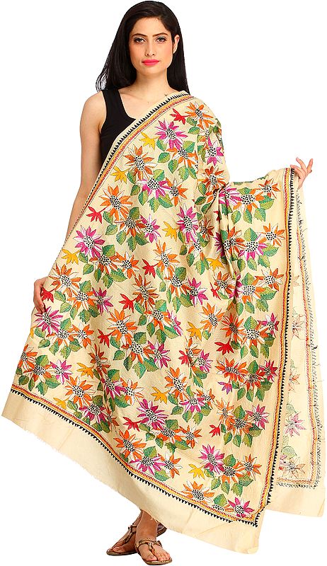 Almond-Oil Dupatta from Kolkata with Kantha Hand-Embroidered Sunflowers