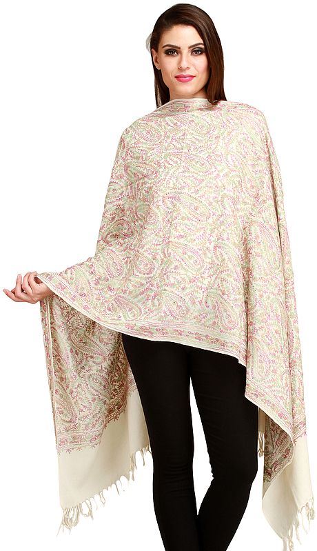 Cream Stole from Amritsar with Aari-Embroidered Paisleys and Crystals