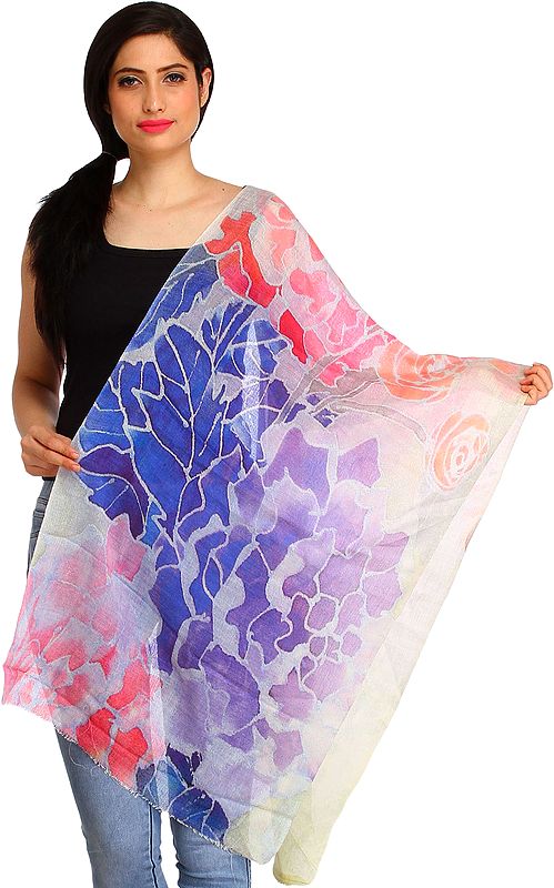 Multicolored Stole from Amritsar with Digital-Printed Roses