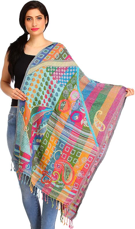 Multicolored Jamawar Stole with Woven Motifs and Wool-Embroidery
