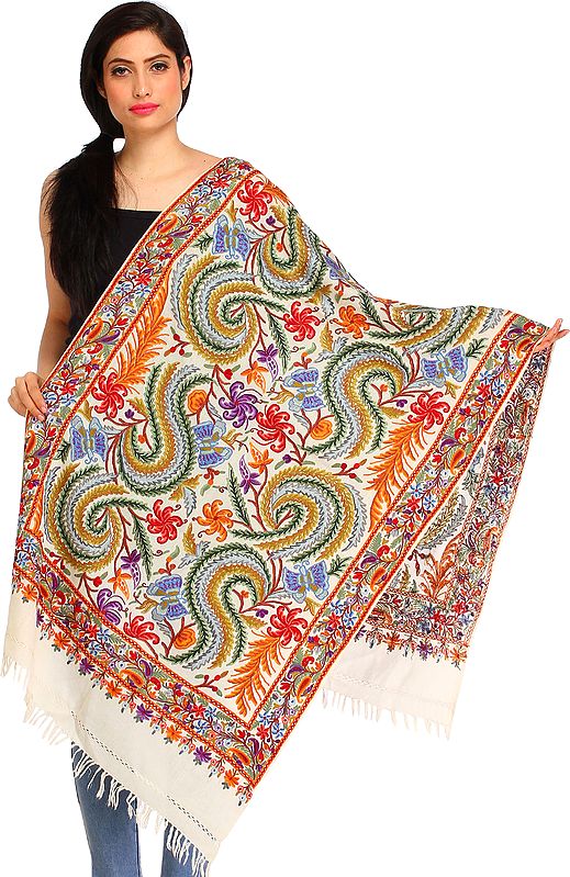 Ivory Kashmiri Stole with Aari Floral Hand-Embroidery and Butterflies
