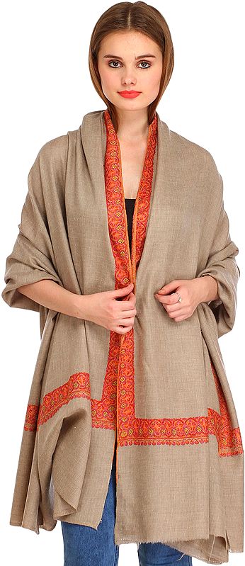 Cobblestone-Gray Plain Kashmiri Pure Pashmina Shawl with Needle Hand-Embroidery on Border