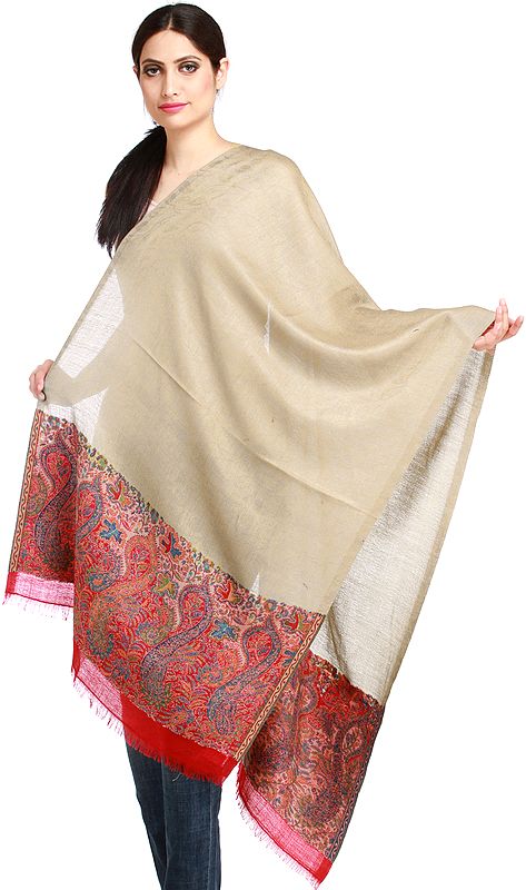 Light-Taupe Jamawar Stole with Self Weave and Woven Paisleys