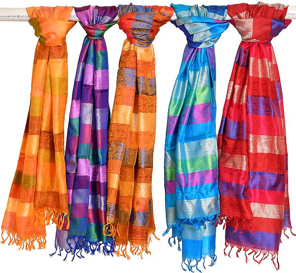 Lot of Five Banarasi Pure Silk Scarves with Woven Paisleys and Stripes