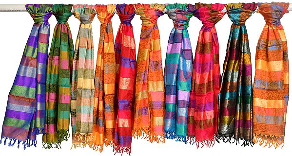 Multicolored Lot of Ten Banarasi Pure Silk Scarves with Tanchoi Weave and Stripes