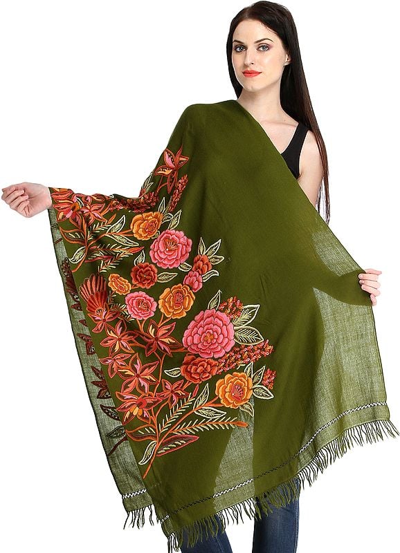 Kashmiri Stole with Aari-Hand Embroidered Giant Flowers