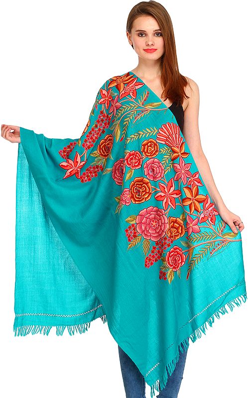 Kashmiri Stole with Aari-Hand Embroidered Giant Flowers