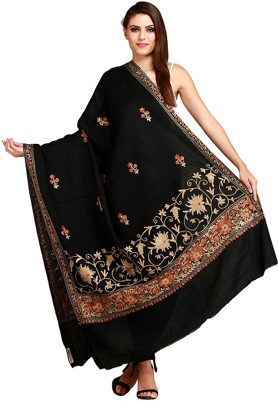 Jet-Black Shawl from Amritsar with Aari Floral-Embroidery
