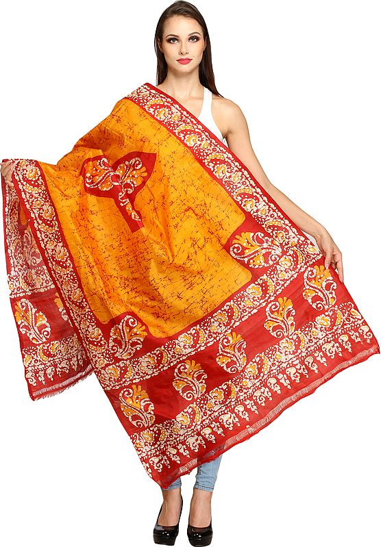 Marigold and Red Batik Dyed Shawl with Floral Print