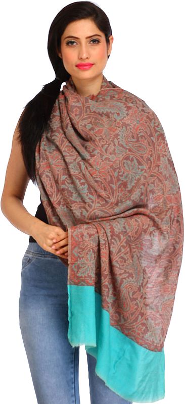 Twilight-Mauve Kani Reversible Stole from Amritsar with Woven Paisleys and Solid Border