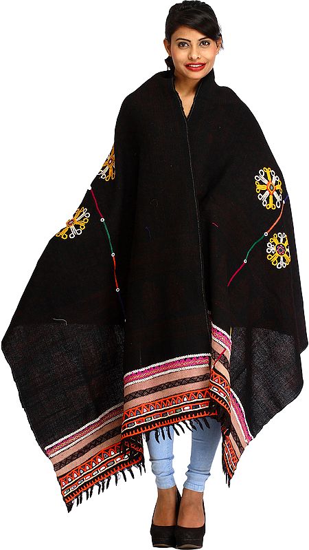 Licorice-Black Antiquated Shawl from Kutch with Rabari Embroidery and Mirrors