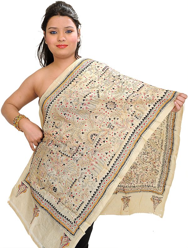 Cloud-Cream Kantha Hand-Embroidered Scarf