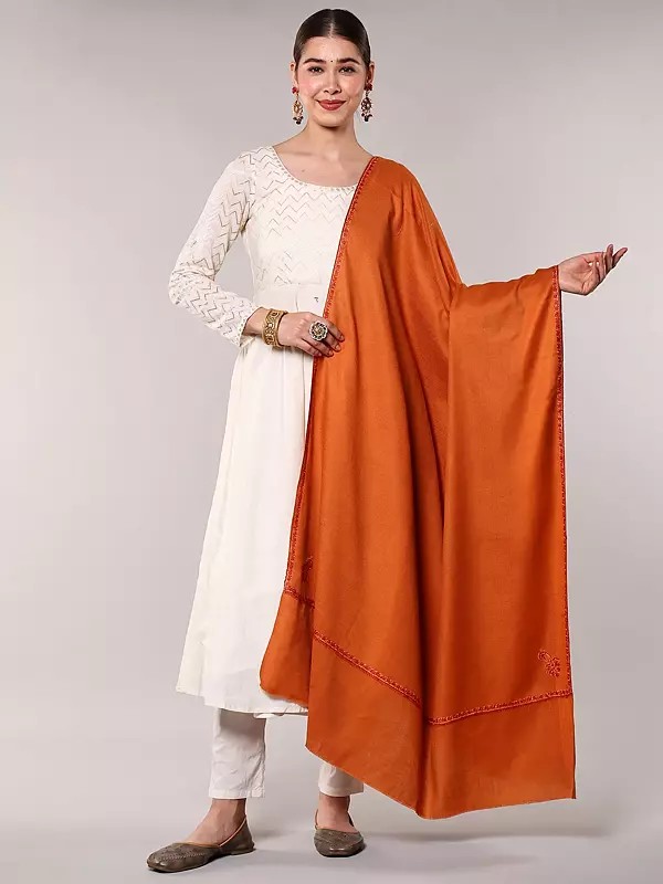 Plain Kashmiri Kingri Shawl with Sozni Hand-Embroidery on Border