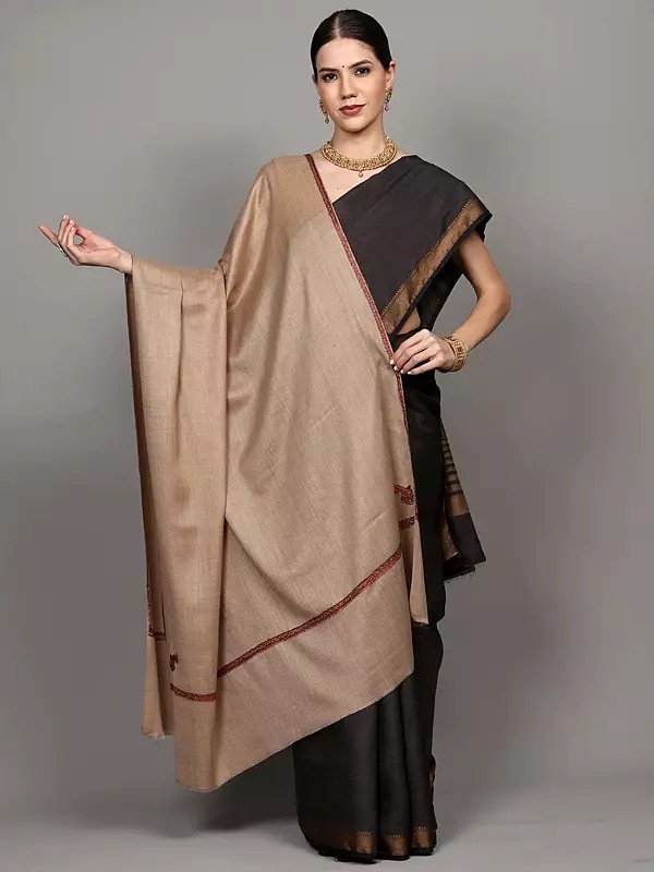 Plain Kashmiri Kingri Shawl with Sozni Hand-Embroidery on Border