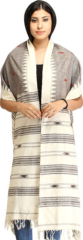 Gray and Ivory Stole from Nagaland with Thread Weave