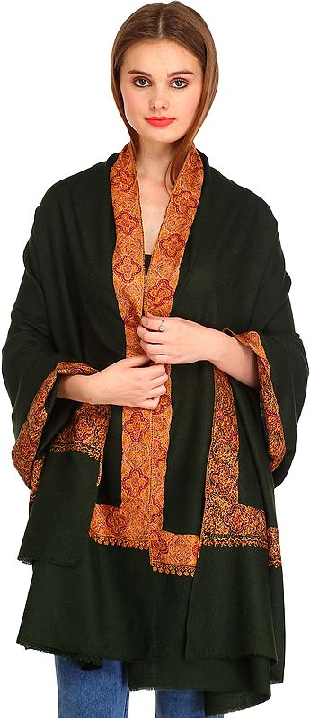 Dark-Green Plain Kashmiri Pure Pashmina Shawl with Needle Hand-Embroidery on Border