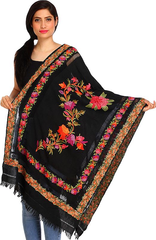 Jet-Black Aari Kashmiri Stole with Floral Hand-Embroidery and Cut-work on Border