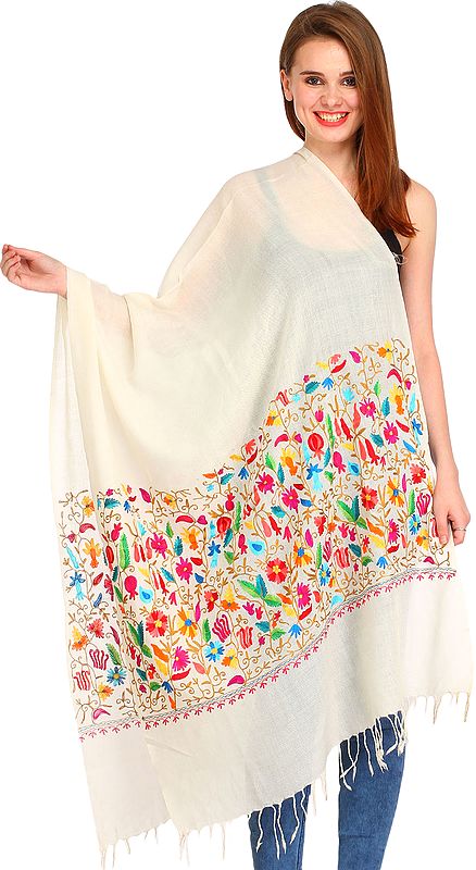 Ivory Floral-Embroidered Stole from Amritsar