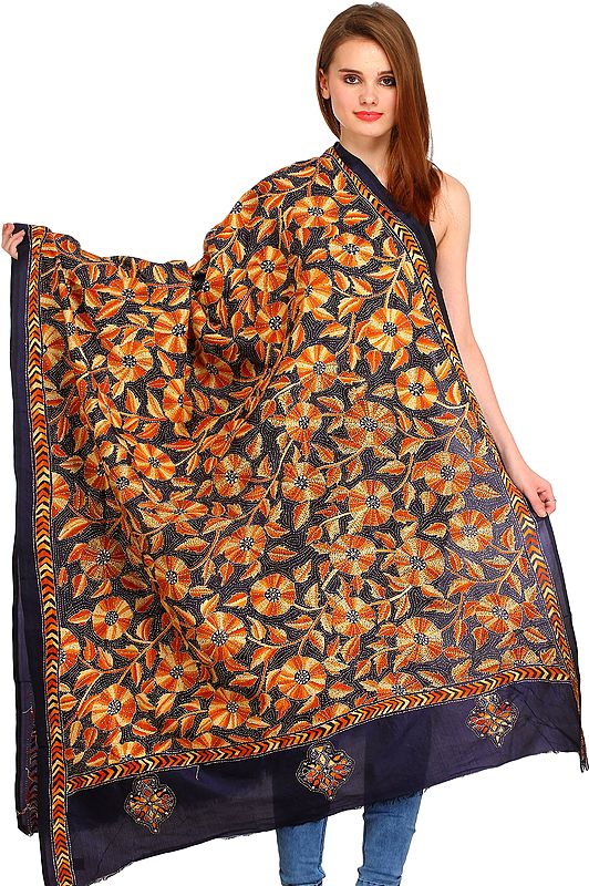 Midnight-Blue Kantha Dupatta from Kolkata with Embroidered Flowers by Hand