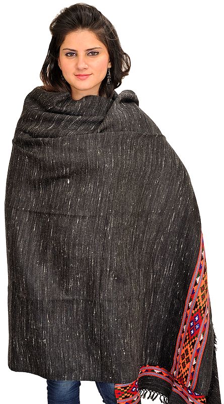 Black Shawl from Kullu with Thread Weave and Kinnauri Woven Border