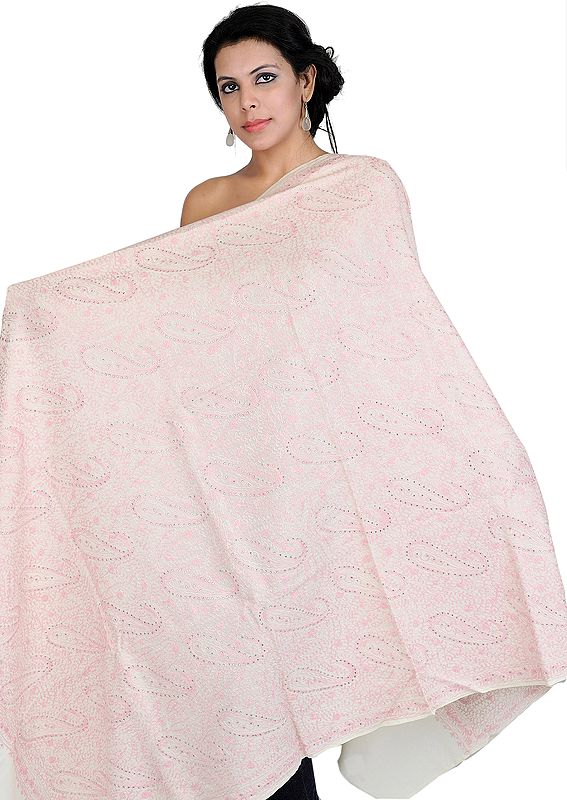 Ivory and Light-Pink Shawl from Amritsar with Aari-Embroidered Paisleys and Crystals