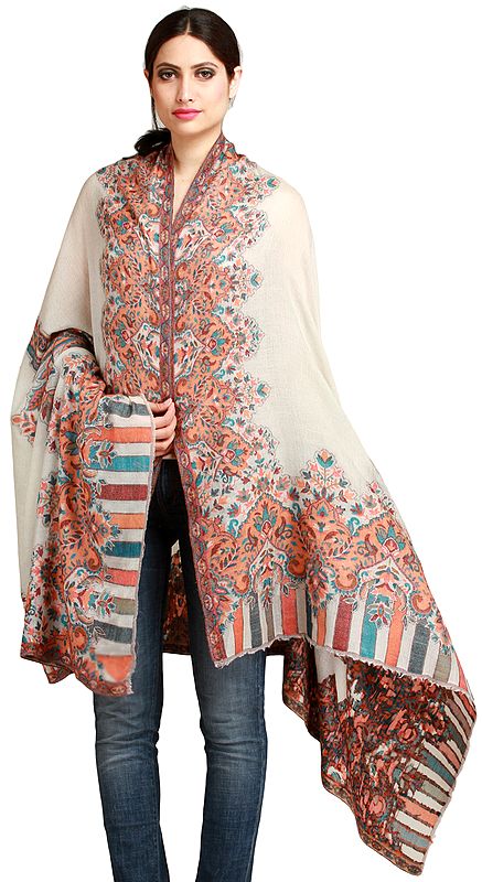Vaporous-Gray Cashmere Kani Shawl from Amritsar with Floral-Weave on Border