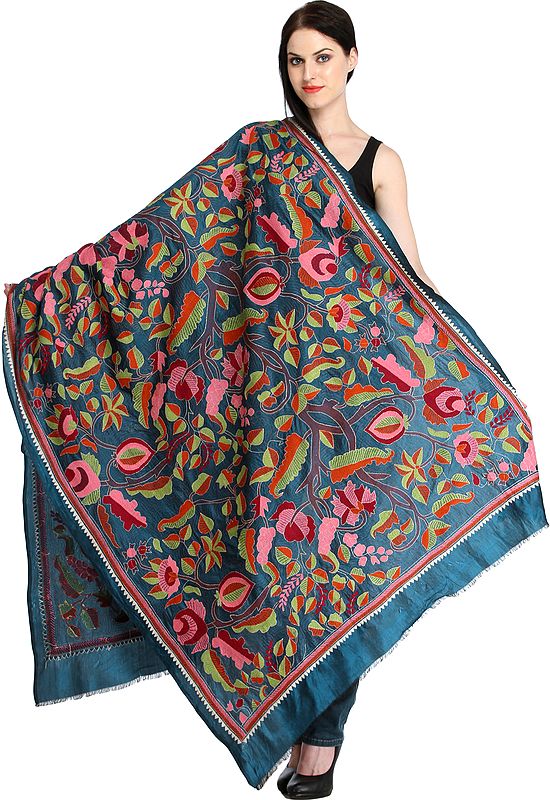 Ink-Blue Dupatta from Kolkata with Kantha Hand-Embroidered Tree