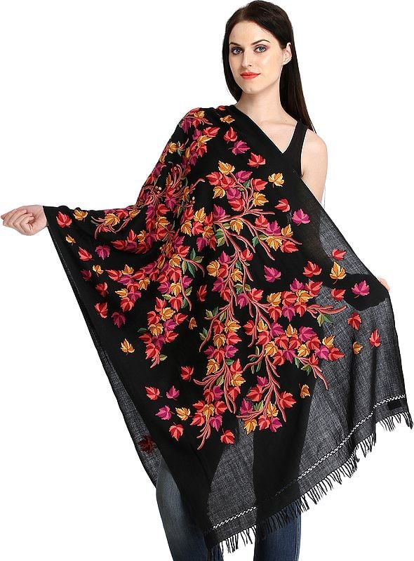 Jet-Black Stole from Kashmir with Aari Hand-Embroidered Maple Tree