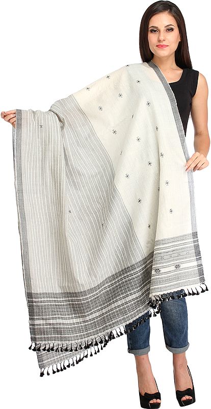 Off-White Shawl from Kutch with Woven Stripes and Bootis