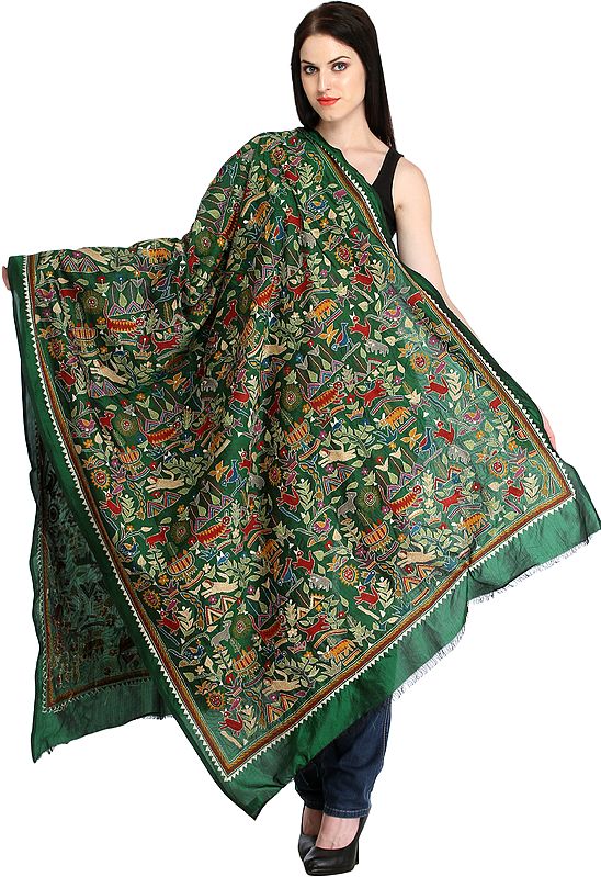 Foliage-Green Kantha Hand-Embroidered Dupatta from Kolkata with Depicting Forest