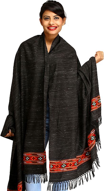 Black Shawl from Kullu with Kinnauri Woven Border
