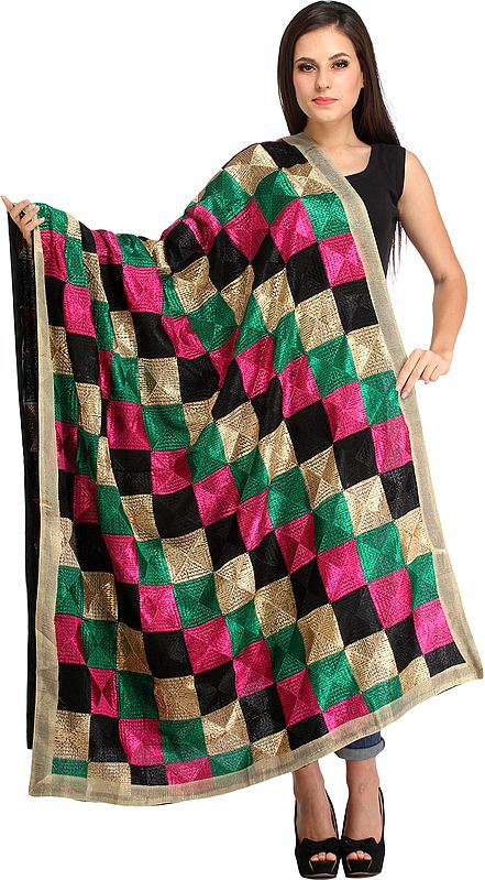 Hand-Embroidered Phulkari Dupatta from Punjab