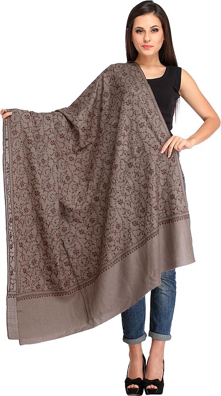 Simply-Taupe Tusha Shawl from Kashmir with Needle Hand-Embroidery
