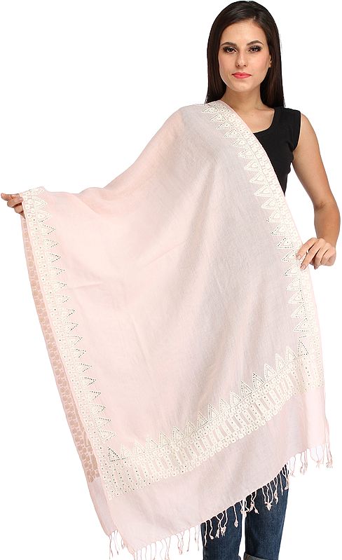 Plain Pastel Stole from Amritsar with Aari-Embroidery on Border and Crystals