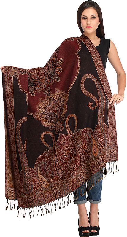 Maroon and Coffee Reversible Jamawar Shawl from Amritsar with Woven Paisleys