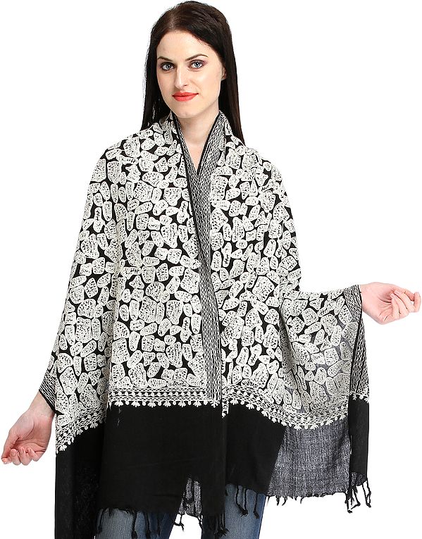 Black and White Aari-Embroidered Stole from Kashmir