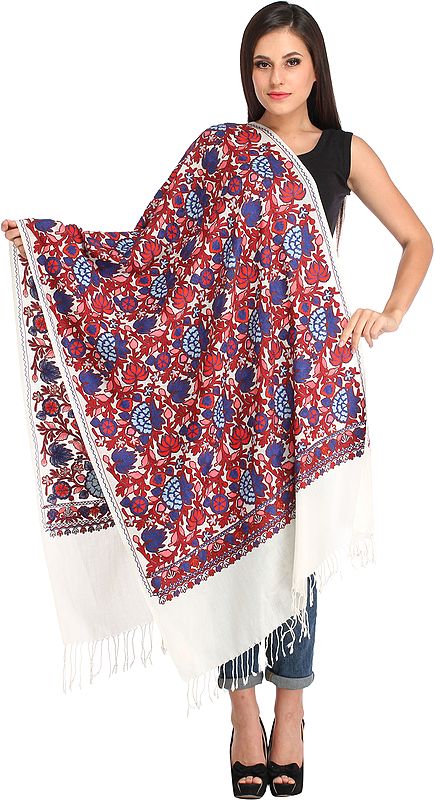 Ivory Stole from Kashmir with Aari-Embroidery in Multicolor Thread