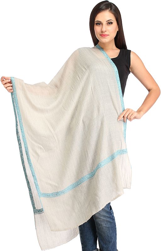 Light-Gray Plain Cashmere Stole from Kashmir with Sozni Hand-Embroidery on Border