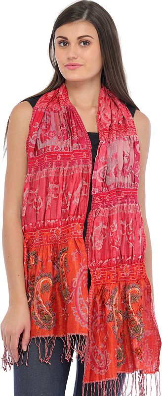 Pink and Orange Jamawar Scarf with Embroidered-Beads and Sequins