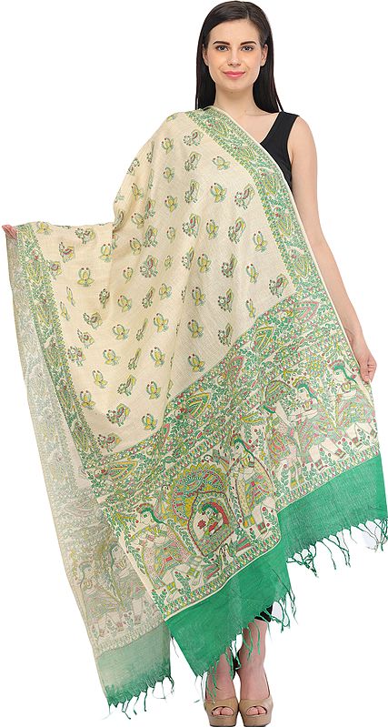 Cream and Green Dupatta from Bengal with Printed Madhubani Marriage Procession