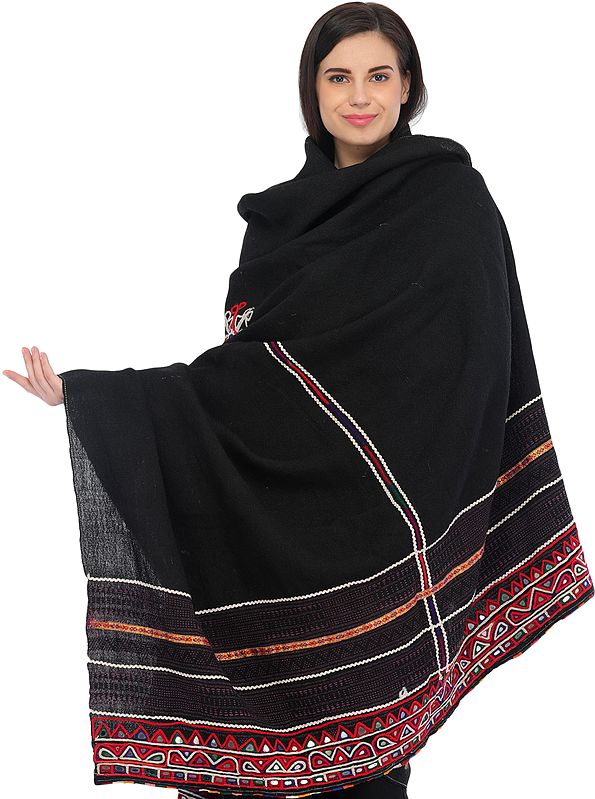 Jet-Black Antiquated Shawl from Kutch with Rabari Embroidery and Mirrors on Border