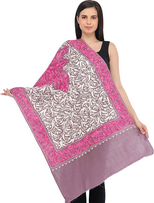 Dusky-Orchid Stole from Kashmir with Aari-Embroidered Paisleys